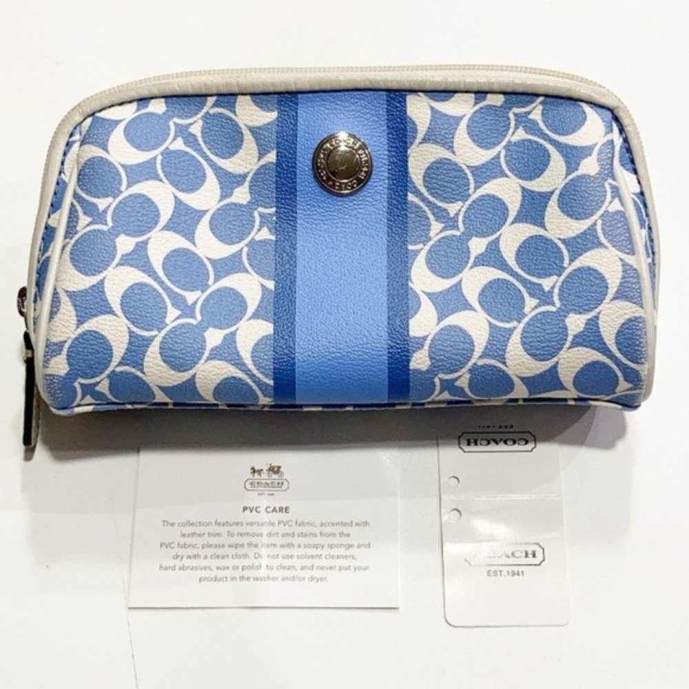 Coach Cosmetic Pouch Chelsea Heritage Stripe & Signature Periwinkle Blue White
